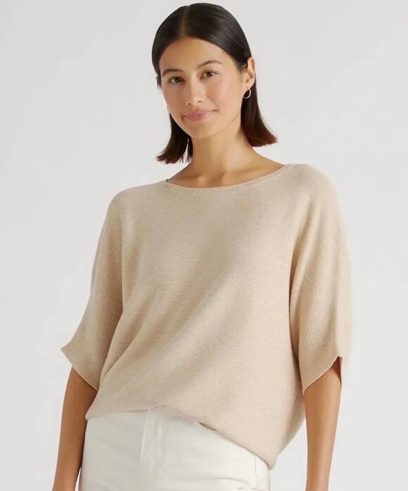 Quince Sweaters - QUINCE Lightweight Cotton Cashmere Link-Stitch Dolman Sweater Heather Oatmeal M